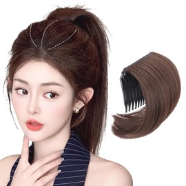 NICENEEDED Clip in Hair Toppers, Brown Bangs Hair Clip Synthetic Bangs, Short Thick Hairpieces Adding Extra Hair Volume Clip in Hair Extensions Straight Hair Up Comb False Hair Accessories for Women