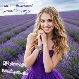 9 pack Satin Bridesmaid Scrunchies Bridesmaid Proposal Gifts Bachelorette Party Favor Elastics Hair Ties Scrunchies Satin Gift for Bridal Wedding Parties (Purple-White)