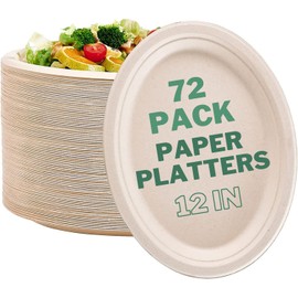 72 Pack Oval Paper Plates 12 Inch 100% Compostable Heavy-Duty Disposable Platters for Thanksgiving Dinner Party Extra Large Biodegradable Platos - Chinet Style Oval Dinner Size Plates Bulk Craft