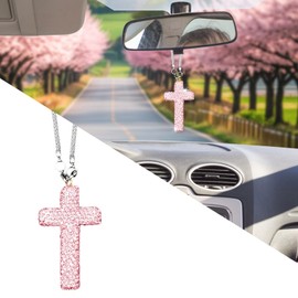 Bling Car Rear View Mirror Accessories Hanging Pendant,Cross Crystal Rhinestone for Mirror Hanging,Double-Sided Cross Diamond Religious,Interior Men Women Car Accessories (Pink)