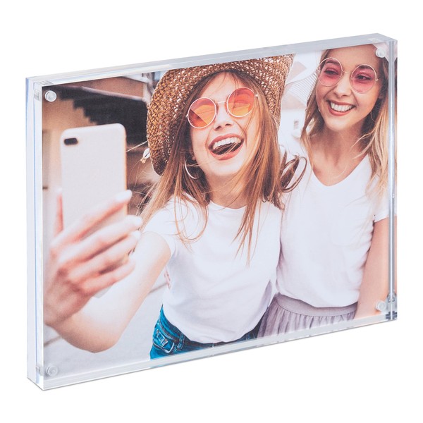 Relaxdays Picture Frame, Acrylic, Magnetic, For 2 Photos, Choice of Size, 15 x 20 cm, Transparent, 100% plastic