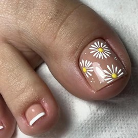 Press on Toenails Short Square Fake Toenails with Flower Designs White French Toe Nail Press ons Nude False Toenails Glossy Glue on Toe Nails Summer Acrylic Toenails Cute Stick on Toenails for Women