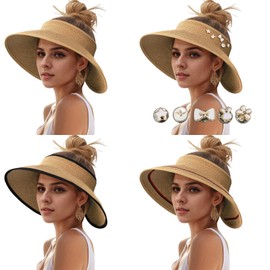Sun Hats Visor for Women, UV UPF Straw Beach Hat Foldable Wide Brim Ponytail Hats Packable Travel Khaki with Black Brooch Pin