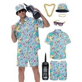 FEELJAM 80s 90s Outfit for Men, Retro Hawaiian Shirts and Shorts Set,Hip Hop Sportswear 7Pcsfor Disco Party (Green, X-Large)