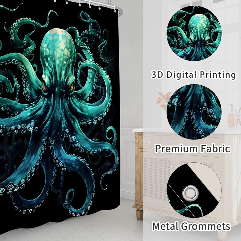 Octopus Shower Curtain Green Octopus Tentacles Ocean Vintage Sea Wildlife