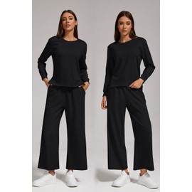 YETOWA Women’s Air Layer Fabric 2 Piece Set Stylish Long Sleeve Top & Wide Leg 3/4 Pants Lounge Matching Tracksuit