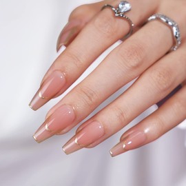 BTArtbox BTArtbox Press on Nails Long - Valentines Day Rose Gold Outline Designed French Tip Press on Nails, Coffin Glue On Nails, Reusable Soft Gel Stick On Nails with Nail Glue in 15 Sizes, Gilded French