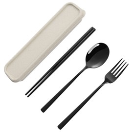 Portable Black Utensils Silverware Set with Carrying Case. 3PCS Stainless Steel Reusable Chopsticks Spoon Fork Outdoor Flatware Cutlery Set for Travel Picnic Work. Dishwasher Safe (Black)
