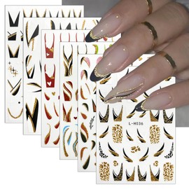 Glitter Stripe Line Nail Stickers 3D Self-Adhesive Glitter Wavy Stripe Nail Decals Metallic V Shape French Tip Nail Supplies Colorful Simple Line Glitter Nail Design for Women Nail Accessories 6Sheets