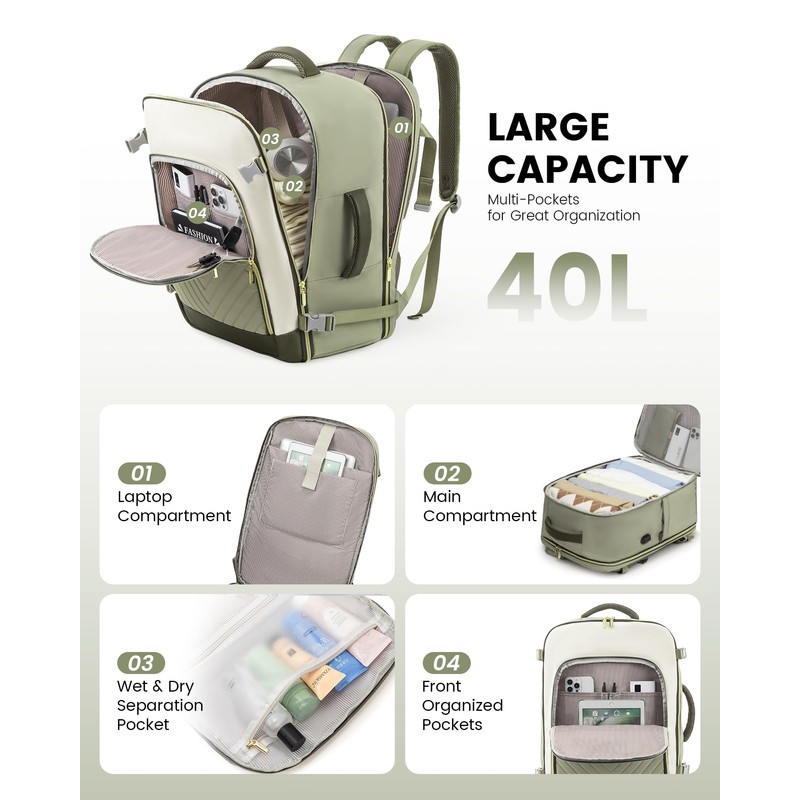 LOVEVOOK Women's Hand Luggage Backpack Large 40L, Light Green Beige