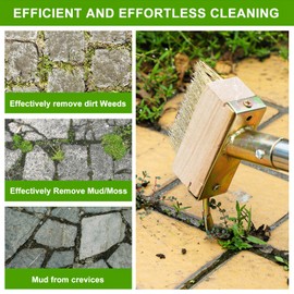 Moss Remover Brush Crack Weeder Tool Stainless Steel Crevice Weeder with 2 Brush Heads - Long Handle Weed Puller for Deck, Patio, Walkway, Driveway Crevice Cleaning Tool (Moss Remover Tool-2)