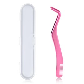 Eyelash Tweezers Set, Stainless Steel Eyelash Extension Tweezers with Comb and Storage Box False Lash Application Tool for Girls Women Beginners Makeup Artists (Pink)