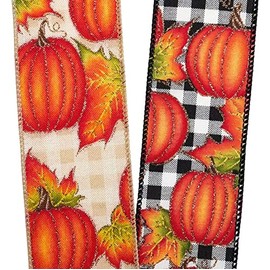 2 1/2" X 10 Yards Pumpkins On Gingham Wired Ribbon- Black/White - Roll 1 Thanksgiving