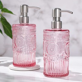 2 Packs 17 Oz Pink Hand Soap Dispenser- Refillable Glass Soap Dispenser with Stainless Steel Pump for Kitchen and Bathroom - Elegant Floral Design for Bathroom Accessories