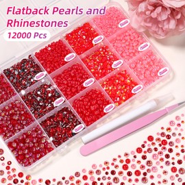 12000 Pcs Red Flatback Pearls and Rhinestones for Crafting, 3-5 mm Jelly Resin Rhinestones, Mixed Size Half Pearl Bedazzling Gems for Nail DIY Crafts Mugs Bottles Tumblers Clothes Makeup