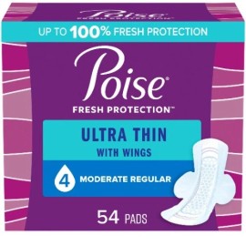 54 Count Poise Thin Incontinence Pads for Women,4 Drop, Absorbency, Regular