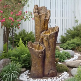 Dalxo 39.37" H Water Fountain Outdoor - 3-Tier Natural Tree Trunk Outdoor Garden Waterfall Fountain with LED Lights for Yard Garden Waterfall Waterscape Decor, Backyard, Resin Material (Light Brown)