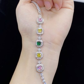 Fashion Multicolor Tennis Bracelet Cubic Zirconia Eternity Tennis Bracelet & Square Cut CZ in Gold/ Silver Plated Princess Cut Lab Diamond Bling Link Chain Bracelet for Women 8"Multicolor Gem (Silver)
