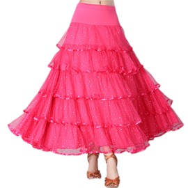 CISMARK Elegant Ballroom Latin Dance Party Long Swing Tiered Skirt for Women, Rose, One Size
