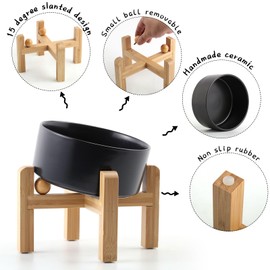 Petygooing Black Raised/Elevated 15°Slanted Ceramic Dog Bowl for Small Breeds,Tilted Anti Slip Pet Feeding Bowl,Food Water Dish with Stand for Cats and Small Dogs Puppy 13.5 OZ (5.1In / 1.7 Cups)