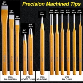 LEONTOOL 12-Piece Punch and Chisel Set, Heavy Duty Heat Treated Metal Punch Set Including Cold Chisel Taper Punch Pin Punch Center Punch for Mechanics Woodworking Stone Carving with Storage Case
