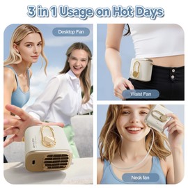 Yincook Portable Handheld Desktop Fan, Mini Waist Clip Fan, Wearable Neck Fan, Rechargeable 3 Speeds Outdoors Travel Office(Beige)
