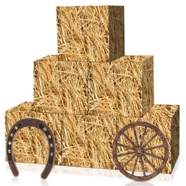 YLOLUL 6 Pcs Hay Bales Boxes Large Decor with Wooden Wagon Wheels and Horseshoe Western Cowboy Party Rodeo Decorations Western Photo Booth Props for Western Cowboy Party Birthday Farm Favors Supplies