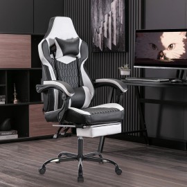 High Back Ergonomic Gaming Chair with Footrest Headrest Lumbar Support-PVC Leather Racing Style (Black/White)color: Black White, size: 49*54*102cm 17kg