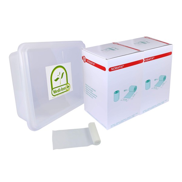 Noba Nobafix Elastic Bandages Gauze Bandages Bulk Consumer Pack 12 cm x 4 m Pack of 100 + Medi-Inn Storage Box