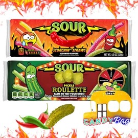(PACK OF 2) Extra Large Sour Scorchin & Pickle Roullette Bites Straws Tray - Limited-edition - 4.5oz Each - Sour Hot Fiery and Pickle Candy - Spicy Watermelon, Chili Lime, Fiery Mango, Piping Pineapple, Pickle - Comes With One Bus Resealable ZipBag