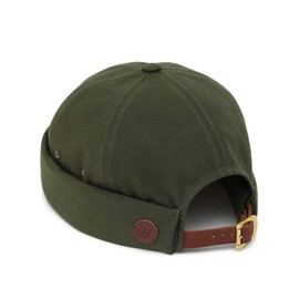 UNDERCONTROL Vintage Brimless Sailor Fisherman Leon Hat Rolled Cuff Harbour No Visor Miki Skull Docker Leather Strap Beanie Cap for Men & Women - Made in Korea - (Olive)