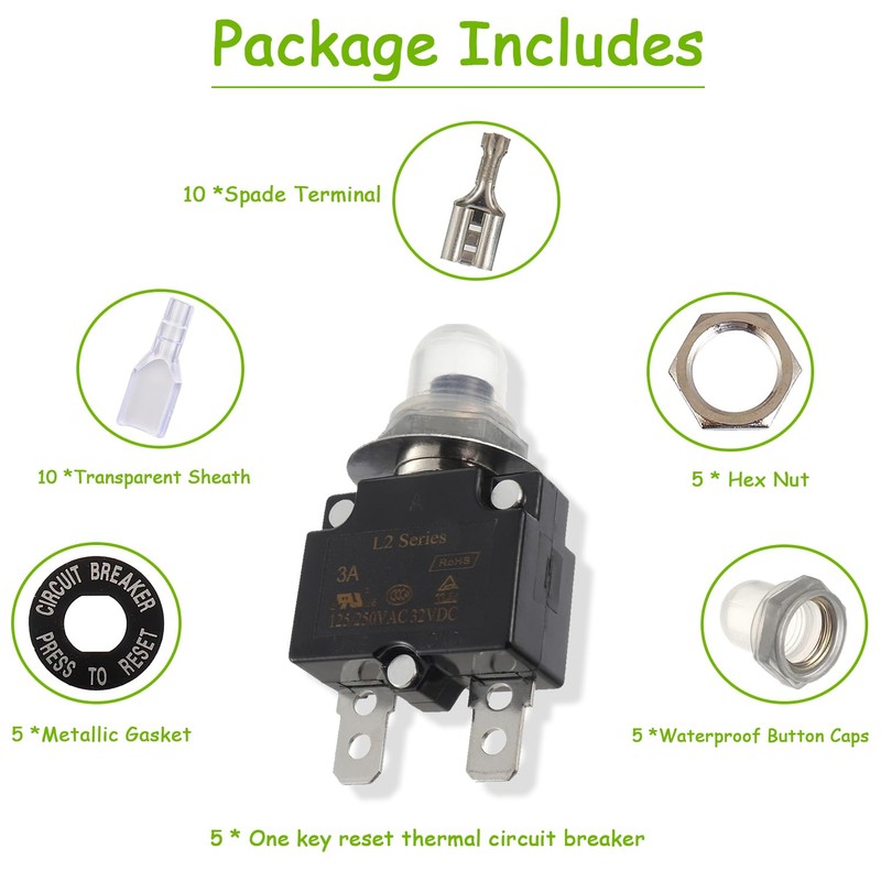 EPLZON 3A Manual Reset Push Button Circuit Breaker 125/250V AC