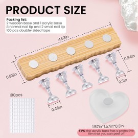 ESUOHYM Wooden Stand for Nails Art Display Practice 2 Set, 1 Heart Shaped Acrylic Magnetic Nail Stand, Fake Nail Holder with 100 Pieces Double-sided Tape, For Home DIY Salon Supplies