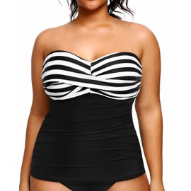 Aqua Eve Plus Size Tankini Top Only Bandeau Swim Top Strapless Swimsuit Top Black and White Stripe 20W