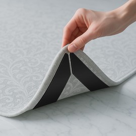 CINDALOG Rug Tape,12 Pcs Double Sided Washable Removable Rug Stopper for Area Rug, Non Slip Adhesive Prevent Curl for Hardwood Floors and Carpet Corners