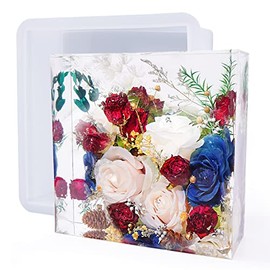 LET'S RESIN Moldes Cuadrados Grandes de Silicona para Resina, Moldes Cuadrados Profundos Brillantes de 20.3 cm x 7.6 cm con Soporte de Madera, Moldes de Resina Epoxi para Preservación de Flores