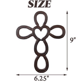 RONYOUNG Cast Iron Cross Horse Shoe Heart 6.25" x 9" Wall Cross(Dark Brown)