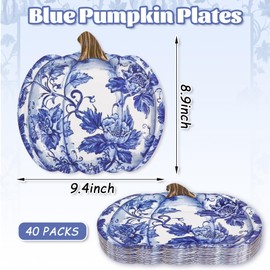 JarThenaAMCS 40Pcs Fall Paper Plates Chinoiserie Pumpkin Disposable Plate Blue Floral Pumpkin Dinner Plate for Autumn Harvest Thanksgiving Party