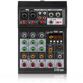 XTUGA 4 Channel Audio Mixer for PC, DJ Sound Board with 99DSP/Equalizer/PAD/HPF, Stereo Mixer with USB/Bluetooth/48V Phantom Power for Karaoke Party Studio Streaming Recording（F4A)