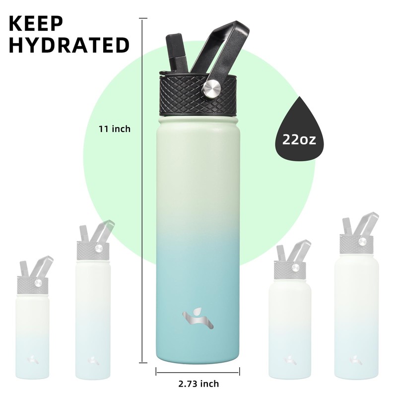 Konokyo 22oz Stainless Steel Bottles with 3 Lids Sport Insulated