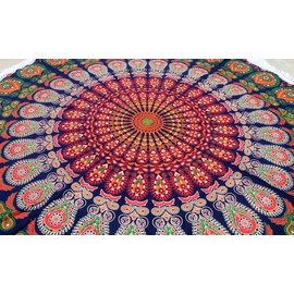 Round Beach Tapestry Mandala Boho Hippie Blanket Indian Cotton Bohemian Large Table Cloth Home Decor Yoga Mat Meditation Picnic Rug Throw Hippy Boho Gypsy Tablecloth Roundie (70 Inches, Orange And