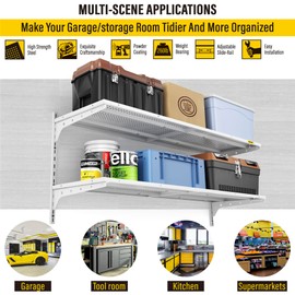 Aecxm 1pack×2 Tier 1.3x4ft Garage Shelving Wall Mounted, 260lbs Load Capacity，15.6x48inch per Shelf Height Cassette Adjustable Floating Shelves(White)