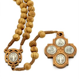 Rosary Olive Wood Beads Necklace Miraculous Four Way Cross