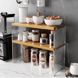 HomDSim 2 Tiers Acrylic Desktop Organizer Office Storage Rack Wood Desk Bookshelf Office Supplies Desk Organizer Mini Cute Kitchen Condiment Shelves
