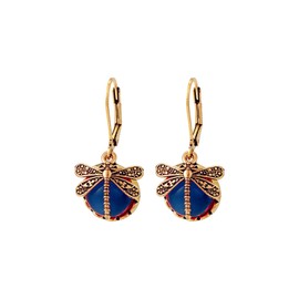 Vintage Dragonfly Moonstone Earrings Gold Plated Boho Statement Gemstone Butterfly Insect Animal Chic Purple Crystal Rhinestone Dangle Leverback Earrings for Women Ethnic Style Fashion Jewelry Gifts (Dark blue)
