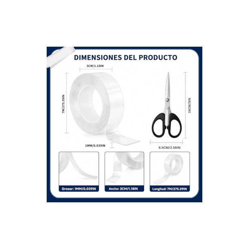 3 Rollos7M Cinta Doble Cara Extrafuerte,Reutilizable Nano Tape con tijeras,