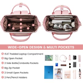 LOVEVOOK Leather Backpack for Women, 15.6 Inch Laptop Bag, Professional Work Tote for Nurse College Teacher, Computer Travel Purse, Beige White-Pink