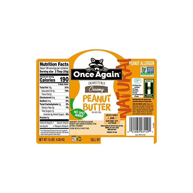 Once Again Natural, Creamy Peanut Butter, 9lb Bucket (same as