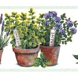 Concord Wallcoverings Wallpaper Border Garden Pattern Plans Flowers in Ceramic Pots for Cottage Farm House, White Purple Brown Green Purple, 5.5 Inches by 15 Feet KV79537