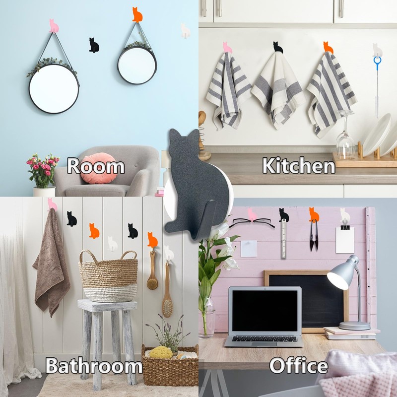 DueHoppee Adhesive Wall Hooks Cat Shaped - 8 Pack Stainless